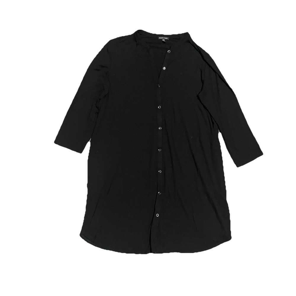 $188 Eileen Fisher Black Long Sleeve‎ Button Down Shirt Dress Size L Comfort